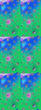 Raster illüstrasyonu. Yeşil ve mavi renklere karalamalar çizilmiş çiçek deseni.