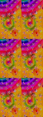 Suluboya elle çizilmiş çiçek desenli eskiz deseni. Parlak renkli fantezi çiçekleri, yapraklar, sarı ve mor renkli tomurcuklar..