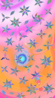 Suluboya elle çizilmiş çiçek desenli eskiz deseni. Parlak renkli fantezi çiçekleri, yapraklar, pembe ve turuncu renklerde tomurcuklar pembe ve turuncu.