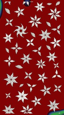 Renkli raster çizimi çizimi. Bir sürü kırmızı ve soyut çiçekli tropik eskiz deseni. Küçük çiçekte sevimli çiçek deseni var..