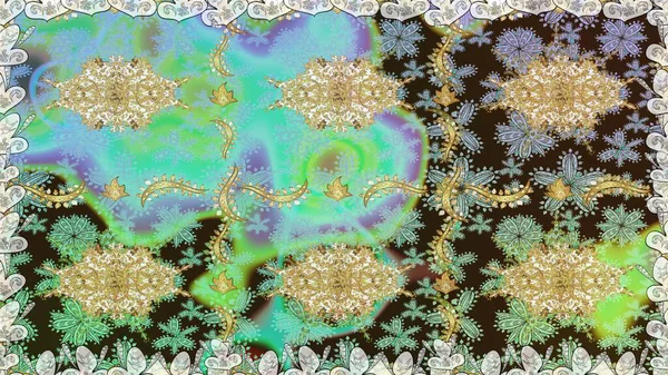 Süslü dekorasyon. Raster illüstrasyonu. Damask altın soyut çiçek nötr renklerde pürüzsüz desen.