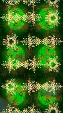 Noel stili. Yeşil, mavi ve sarı renkli kar taneleri. Raster illüstrasyonu.