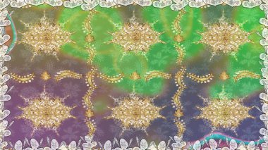 Altın elementlerle yeşil renklerde altın desen. Raster geleneksel oryantasyon süsü. Kusursuz klasik altın desen.