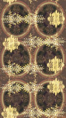 Yüzey için tekrarlanan doku, ambalaj kağıdı kahverengi, bej ve sarı renkte kar tanesi. Kış kar taneleri, raster arka plan.