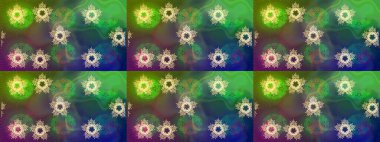 Raster illüstrasyonu. Bokeh yeşili, mavi, kahverengiler ve kar taneleriyle dekoratif Noel arkaplanı.