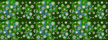 Yeşil ve nötr yeşil ve nötr. Çiçekli ipek eşarp. 1950-1960 motifleri. El çizimi çiçek unsurları olan soyut çizim raster deseni. Retro tekstil tasarım koleksiyonu.