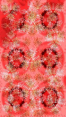 Raster illüstrasyonu. Kar taneli pembe, kırmızı ve turuncu renkler. Renkli arka planda izole tatlı kar taneleri.