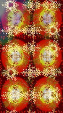 Renkli arka planda izole tatlı kar taneleri. Güzel kar tanesi. Yuvarlak raster kar tanesi. Raster illüstrasyonu. Soyut kış kırmızı, kahverengi ve sarı süslemeler.