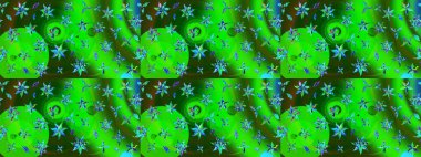 Raster Floral Illustration, Asyalı tekstil. Yeşil ve mavi renkli etnik çiçeklerle zarif bir eskiz deseni.