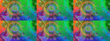 Raster Floral Illustration, Asyalı tekstil. Yeşil ve mavi renkli etnik çiçeklerle zarif bir eskiz deseni.