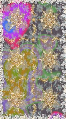 Gri renkler ve altın elementler üzerinde altın pürüzsüz desen. Kusursuz damaske klasik altın desen. Tekrarlayan elementlerle soyut arkaplan oluşturun. Raster illüstrasyonu.