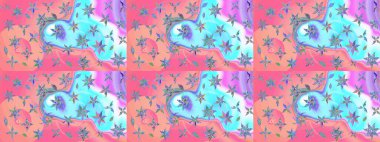 Raster illüstrasyonundaki çiçek desenli çizim. Pembe ve mavi renkte çiçekler. Renkli Bahar Teması eskiz kalıbı. Düz Çiçek Elementleri Tasarımı.