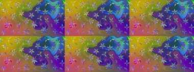 Raster illüstrasyonundaki çiçek desenli çizim. Mor ve yeşil renkte çiçekler. Renkli Yaz Temalı eskiz kalıbı. Düz Çiçek Elementleri Tasarımı.