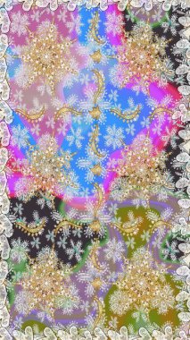 Dekoratif simetri arabesk. Doğum günü kartı, davetiye ya da afiş için iyidir. Kusursuz ortaçağ çiçek deseni. Tarafsız renklerde altın. Raster illüstrasyonu.