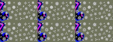 Raster çiçekleri klasik tarzda çizilmiş. Raster illüstrasyonu. Yumuşak, bahar çiçekleri yeşil ve siyah renklerde. Çiçekli yumuşak çizim deseni.