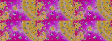 Raster - stok. Yapraklı çiçekler ve morumsu çiçekli papatya çayı ve sarı renkler. Taslak arkaplan deseni.