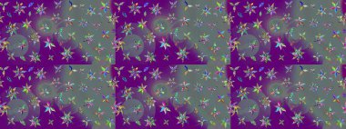 Retro tekstil tasarım koleksiyonu. Mor ve nötr, mor ve nötr. Çiçekli ipek eşarp. 1950-1960 motifleri. El çizimi çiçek elementleri ile soyut çizim raster deseni.