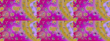 Kumaş desenli papatya çiçeği detayı. Mor ve sarı renkte çiçekler.