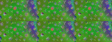 Suluboya elle çizilmiş çiçek desenli eskiz deseni. Parlak renkli fantezi çiçekleri, yapraklar, renkli tomurcuklar.