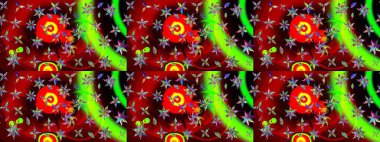 Patlayan çiçekler soyut olarak yerleştirilmiş. Raster deseni. Kibar, bahar çiçekleri kırmızı ve yeşil renklerde. Raster illüstrasyonu.