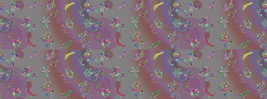 Raster Illustrasyon 'daki Çiçek Deseni' nin son moda çizimi. Gri, mor ve pembe renkte çiçekler. Renkli Yaz Temalı eskiz kalıbı. Düz Çiçek Elementleri Tasarımı.