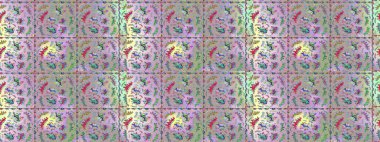 Raster illüstrasyonu. Çiçek buketleriyle klasik bir eskiz şekli. Tarafsız, bej ve yeşil renklerde.