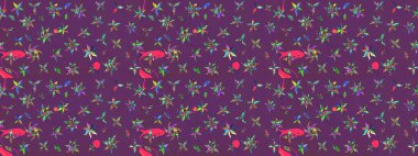 Raster illüstrasyonu. Mor ve yeşil renkli çiçekler. Çizim çiçek deseni duvar kağıdı için kullanılabilir.