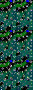 Raster illüstrasyonu. Yeşil ve mavi renkli Asya tekstili. Suluboya çiçekli çiçek deseni.