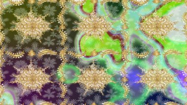 Raster oryantal süs. Altın şablonu çiz. Altın elementlerle yeşil renklerde altın desen.