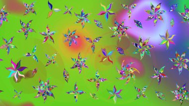 Raster illüstrasyonundaki çiçek desenli çizim. Yeşil ve mor renkte çiçekler.