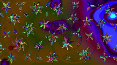 Çiçek desenli çizim. Asya tekstil tarzında. Raster illüstrasyonu. Raster illüstrasyonu. Kahverengi ve yeşil renkte çiçekler.