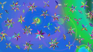 Raster illüstrasyonu. Yumuşak, yaz çiçekleri mavi ve yeşil renklerde. Raster çiçek desenli ve çiçekli..