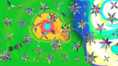 Çiçek desenli eskiz, darbeler, sıçramalar, yaz çiçekleri. Yeşil ve mavi renkte çiçekler. Raster illüstrasyonu.