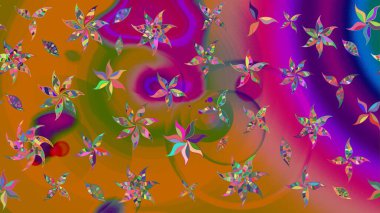 Parlak renkli çiçekleri ve turuncu ve mor renkli yaprakları olan harika bir çiçek deseni. Halk tarzı. Modern çiçek arkaplanı. Moda baskıları için zarif bir şablon.