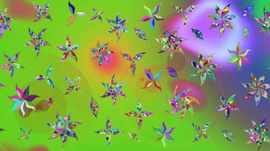 Raster illüstrasyonundaki çiçek desenli çizim. Yeşil ve mor renkte çiçekler.