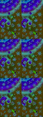 Çiçekli karalama şeklinde Raster çiçek deseni. Raster illüstrasyonu. Yumuşak, bahar çiçekleri kahverengi ve mavi renklerde.