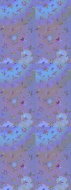 Raster suluboya çiçek deseni, narin çiçekler, menekşe ve mavi çiçekler, tebrik kartı şablonu. Güzel kumaş deseni.