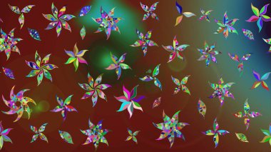 Çiçekli ipek eşarp. Kahverengi ve kırmızı kahverengi ve kırmızıya. Retro tekstil tasarım koleksiyonu. 1950-1960 motifleri. El çizimi çiçek elementleri ile soyut çizim raster deseni.