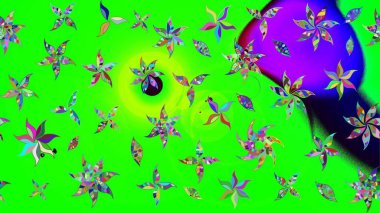 Raster illüstrasyonu. Çiçek ve yapraklı karalama şeklinde Raster çiçek deseni. Yumuşak, bahar çiçekleri yeşil ve mor renklerde.