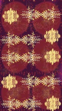 Raster illüstrasyonu. Kırmızı, mor ve kahverengi kar taneleri. Kar tanelerinin soyut arkaplanlı Noel şablonu. Noel ve Yeni Yıl moda baskıları için tatil tasarımı.