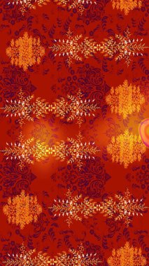 Küçük kırmızı, turuncu, mor ve çiçekli oldukça eski bir besin torbası deseni. Millefleur 'lar. Tekstil, kumaş, kapaklar, duvar kağıtları, baskı, örgü, dekupaj için çiçek arkaplanı..