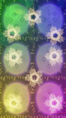 Tarafsız, mor ve yeşil renkler üzerine şirin soyut kar tanesi raster tasarımı. Düz kar karalama ikonları, yılbaşı afişi için kar taneleri silueti, kartlar. Yeni yıl kar tanesi.