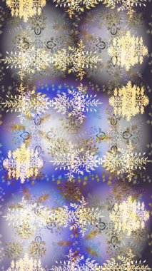 Kış kar tanesi, raster arka plan. Yüzey için tekrarlanan doku, ambalaj kağıdı, gri, nötr ve mor renkler. Raster illüstrasyonu. Renkli arka planda izole edilmiş güzel kar taneleri.