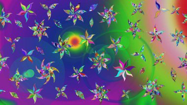 Raster illüstrasyonu. Eski usul. Kumaş, tekstil, duvar kağıdı baskısı için. Renkli desenli eskiz deseni, yeşil ve mavi çiçekler ve dekoratif elementler. Taslak arkaplan.