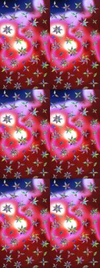 Raster illüstrasyonu. Kumaş, tekstil, duvar kağıdı baskısı için. Eskiz geçmişi. Renkli desenli eskiz deseni, kırmızı ve pembe çiçekler ve dekoratif elementler. Antika retro tarzı.