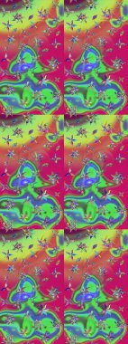 Raster illüstrasyonu. Yaprak ve çiçeklerin suluboya resimleri, yeşil ve pembe renkler üzerine çizimler. Yeşil ve pembe renklerde bahar çiçekleri..