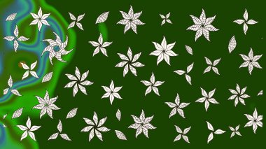 Parlak çiçekli yeşil ve nötr renkler üzerine soyut çizim deseni. Çiçeksel elementlerle süslenmiş zarif raster dokusu. Küçük çiçekte şirin bir çiçek deseni var..