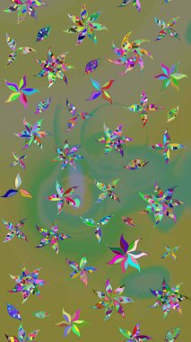 Şirin çiçekli eskiz deseni ve yeşil ve kahverengi renkli yapraklar, suluboya çiçek deseni, duvar kağıdı, kart ya da kumaş için fayanslı. Raster illüstrasyonu.