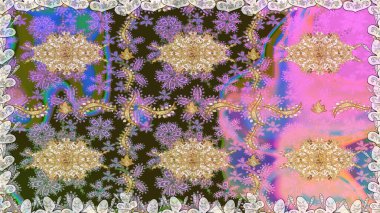 Raster illüstrasyonu. Tarafsız renklerde Royal retro. Altın şablon. Klasik çiçek dokusu. Kusursuz desenli altın elementler. Kart, duvar kağıdı, ambalaj, tekstil için klasik tasarım.