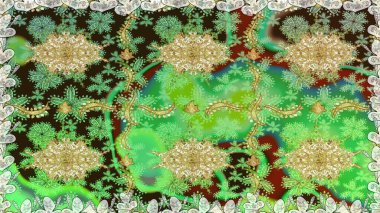 Kusursuz klasik raster altın desenli. Geleneksel oryantasyon süsü. Klasik klasik klasik arka plan. Yeşil renklerde, altın elementlerle kusursuz desen.